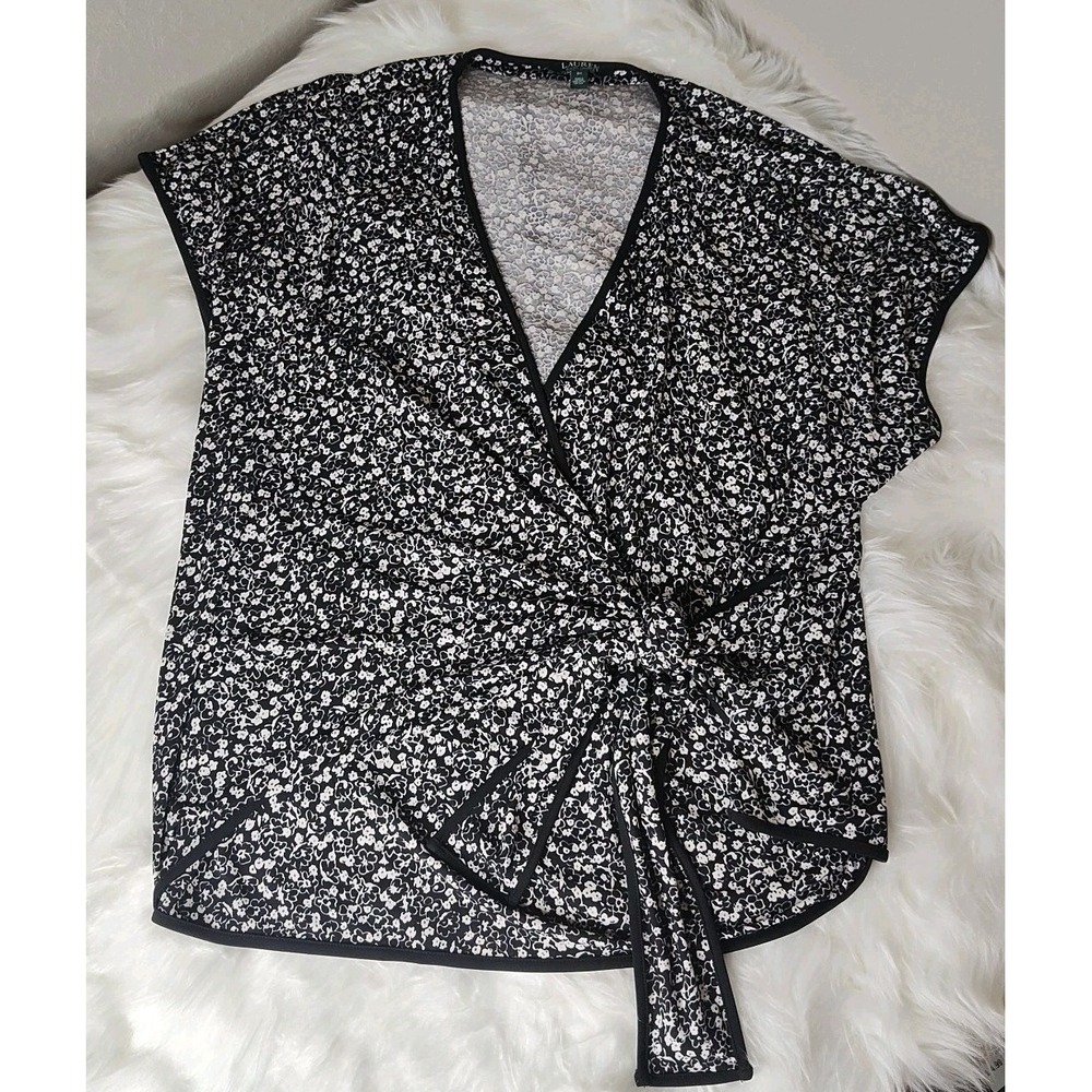 Lauren Ralph Lauren Top Womens XS Black‎ Floral Faux Wrap Front Tie Short Sleeve